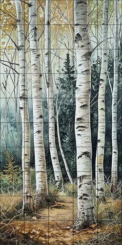 birch forest path with white trunks – ceramic tile mural