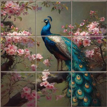Tile mural with peacock and cherry blossoms Tile mural with peacock and cherry blossoms