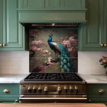 Tile mural with peacock and cherry blossoms