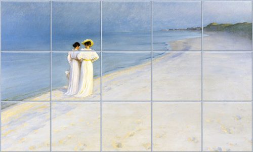 Ceramic tile mural with two women walking on Skagen beach at sunset