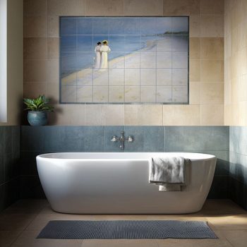 Romantikus tengerparti tájat ábrázoló kerámia csempekép 