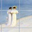 Ceramic tile mural with two women walking on Skagen beach at sunset