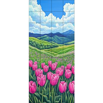 Ceramic tile mural with blooming pink tulips and spring landscape – decorative tile mural Ceramic tile mural with blooming pink tulips and spring landscape – decorative tile mural