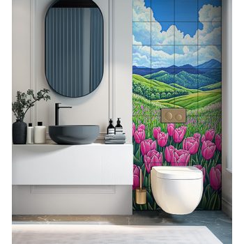 Csempekép rózsaszín tulipánmezővel és dombos tavaszi tájjal – színes dekorcsempe 