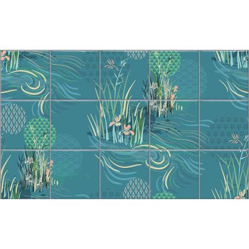 Ceramic tile mural with reeds, water plants and stylized flowing water design