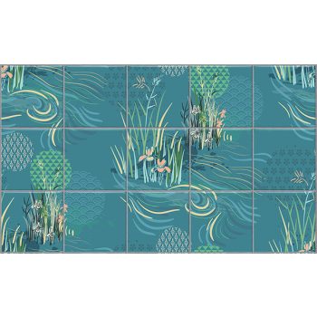 Stilizált nádas és vízinövényes dekorcsempe hullámzó víz motívumokkal