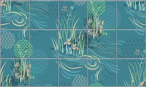 Ceramic tile mural with reeds, water plants and stylized flowing water design