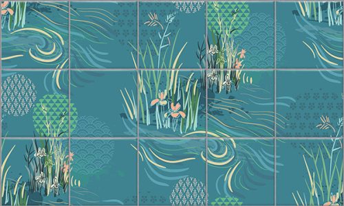 Ceramic tile mural with reeds, water plants and stylized flowing water design