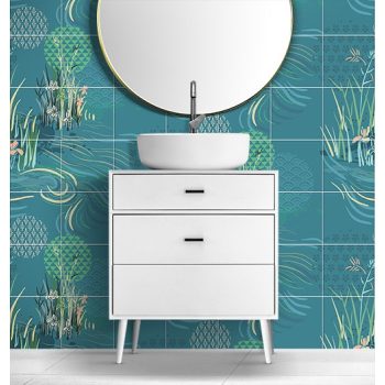 Ceramic tile mural with reeds, water plants and stylized flowing water design