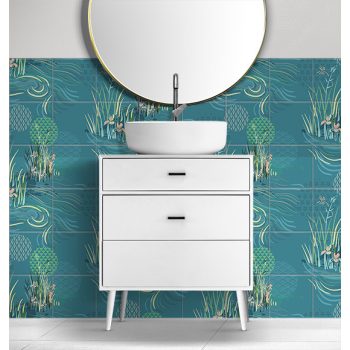 Ceramic tile mural with reeds, water plants and stylized flowing water design