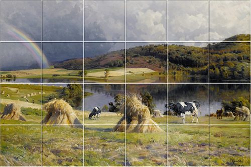 Ceramic tile mural of a countryside scene with cows, hay and a rainbow