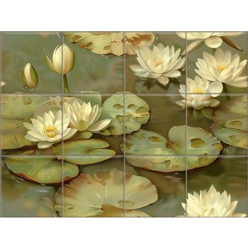 Decorative ceramic tile mural with cream water lilies and green lily pads on a tranquil water background Decorative ceramic tile mural with cream water lilies and green lily pads on a tranquil water background