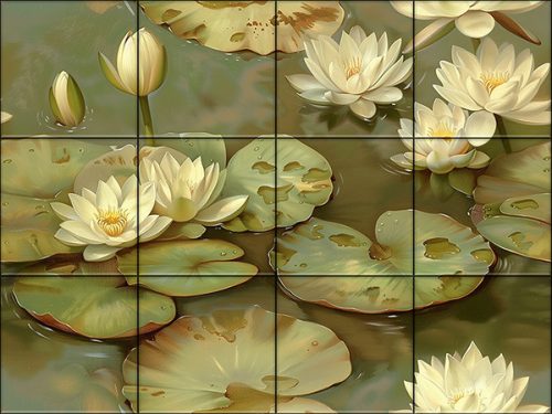 Decorative ceramic tile mural with cream water lilies and green lily pads on a tranquil water background