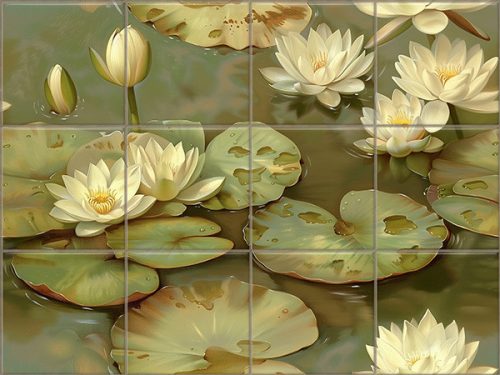 Decorative ceramic tile mural with cream water lilies and green lily pads on a tranquil water background