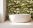 Decorative ceramic tile mural with cream water lilies and green lily pads on a tranquil water background