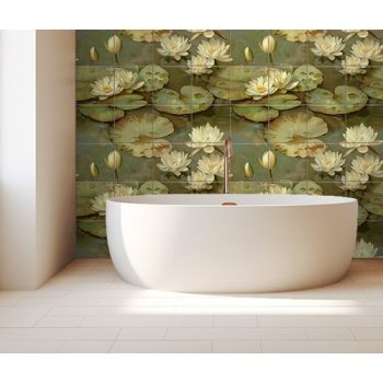 Decorative ceramic tile mural with cream water lilies and green lily pads on a tranquil water background