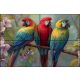 Three colorful parrots on blooming branch – tropical-themed tile mural