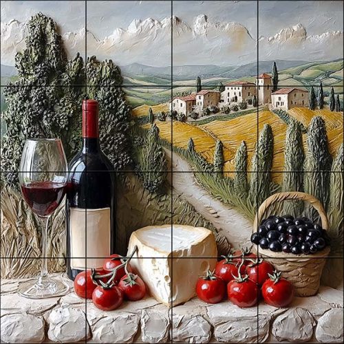 csempe toszkán csendélet bor szőlő sajt mintával