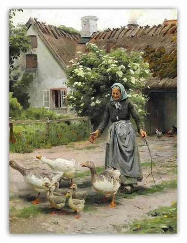 Ceramic tile mural with elderly woman herding geese in front of a thatched country house