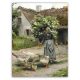 Ceramic tile mural with elderly woman herding geese in front of a thatched country house