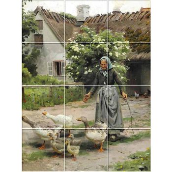 Ceramic tile mural with elderly woman herding geese in front of a thatched country house Ceramic tile mural with elderly woman herding geese in front of a thatched country house