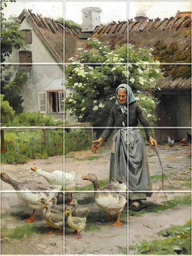 Ceramic tile mural with elderly woman herding geese in front of a thatched country house