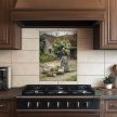 Ceramic tile mural with elderly woman herding geese in front of a thatched country house