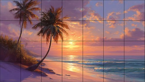 Tropical tile mural with palm trees and sunset on a serene beach