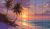 Tropical tile mural with palm trees and sunset on a serene beach