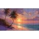 Tropical tile mural with palm trees and sunset on a serene beach
