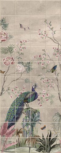 Ceramic tile mural with peacock, tropical birds, butterflies and blooming branches