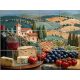 Tile mural with Tuscan landscape, grapes, tomatoes, cheese and wine