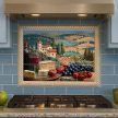 Kitchen tile with Tuscan landscape, grapes, tomatoes, cheese and wine