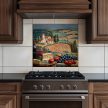 Kitchen tile with Tuscan landscape, grapes, tomatoes, cheese and wine