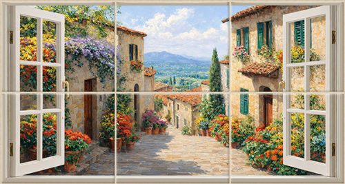 Mediterranean window tile mural – Tuscan street with floral houses and scenic hill view