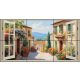 Mediterranean window tile mural – Tuscan street with floral houses and scenic hill view