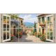 Mediterranean window tile mural – Tuscan street with floral houses and scenic hill view