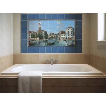Venetian tile mural featuring the Grand Canal, gondolas, stone bridge, and historic buildings – ideal wall art for Mediterranean-style interiors.