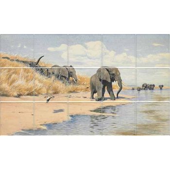 Herd of elephants by river – African ceramic tile mural decor tile Herd of elephants by river – African ceramic tile mural decor tile