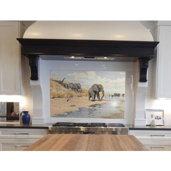Herd of elephants by river – African ceramic tile mural decor tile