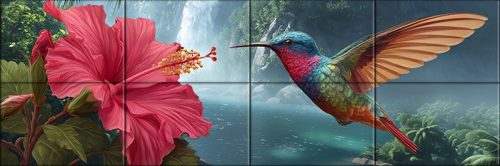 Kolibri és hibiszkusz virág trópusi vízeséssel, pálmafákkal és hegyvidéki háttérrel – csempe