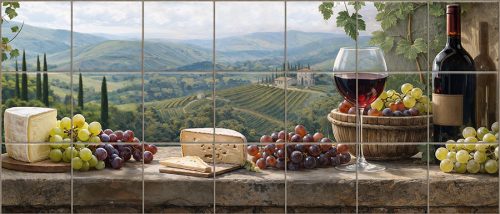 ceramic tile mural with tuscan still life wine and grapes