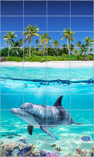 Tropical dolphin bathroom tile mural with coral reef and palm island
