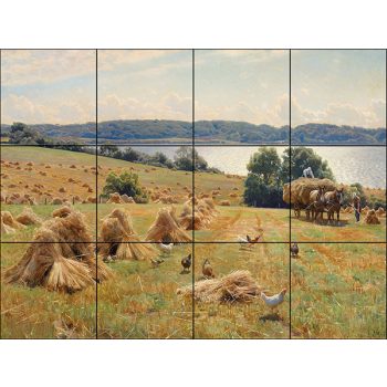 Ceramic tile mural with peasant woman harvesting among grain sheaves, mountain landscape in the background Ceramic tile mural with peasant woman harvesting among grain sheaves, mountain landscape in the background