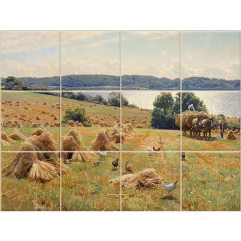 Ceramic tile mural with peasant woman harvesting among grain sheaves, mountain landscape in the background