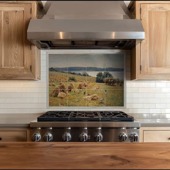 Ceramic tile mural with peasant woman harvesting among grain sheaves, mountain landscape in the background