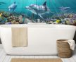 Tropical ceramic tile mural with dolphins, colorful fish, and coral reef