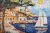 Mediterranean ceramic tile mural with sailboats, seaside houses and a sunny harbor view