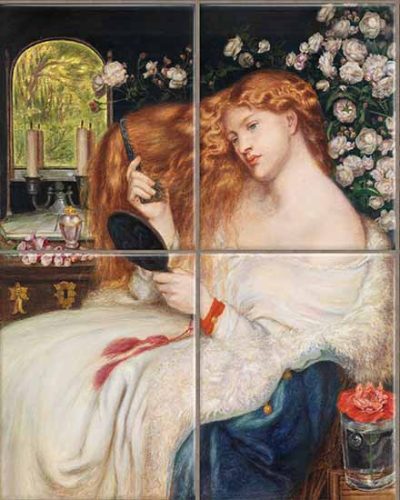 Pre-Raphaelite woman with mirror and roses – ceramic tile mural