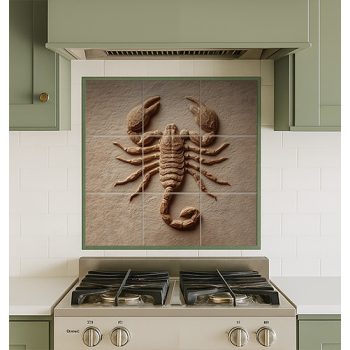 Tile mural with longhorn skull and wooden background